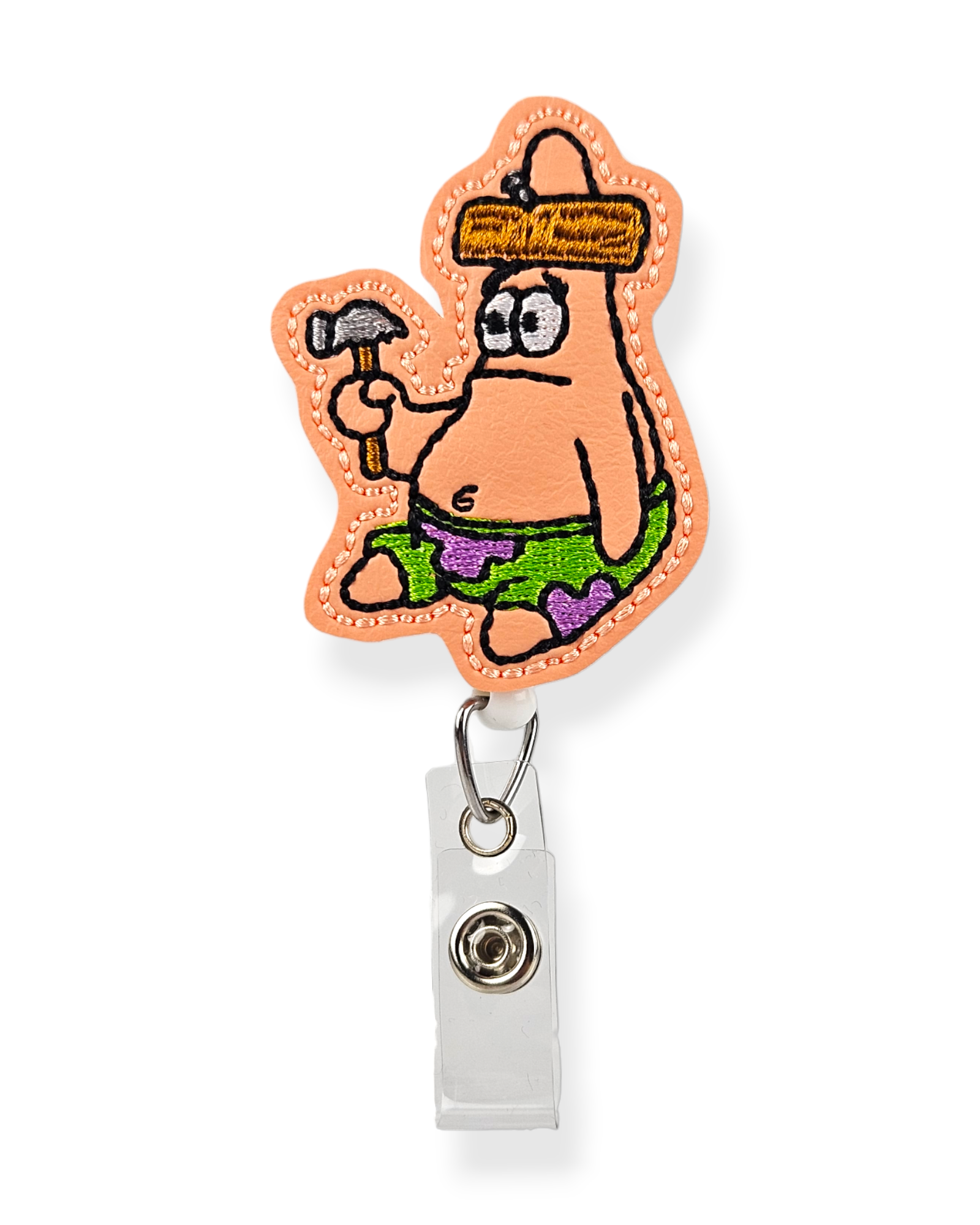 Silly Starfish Hammer Meme Badge Pal Affixed to White Swivel Clip