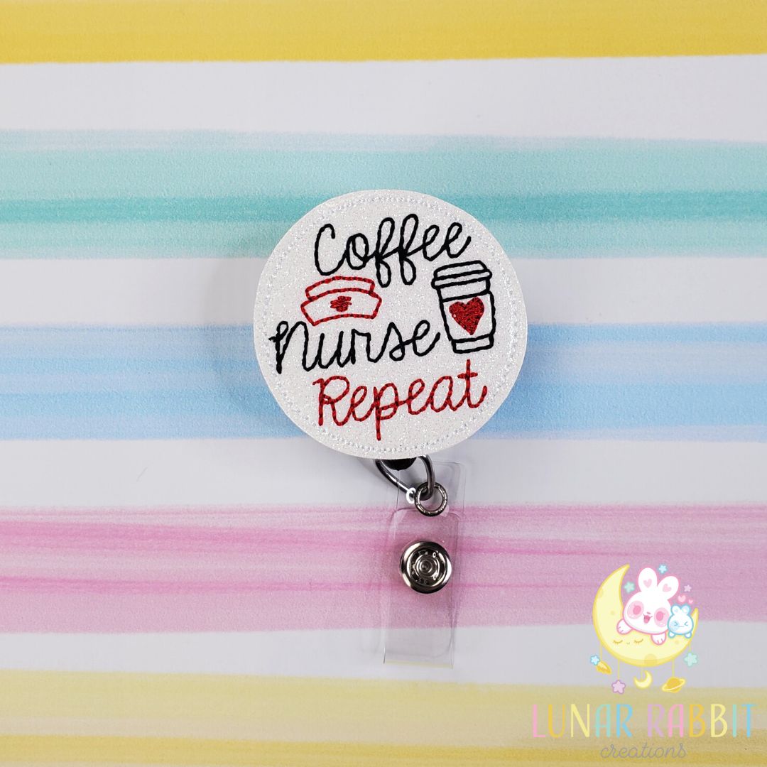 Coffee Nurse Repeat Badge Pal Affixed to White Lanyard