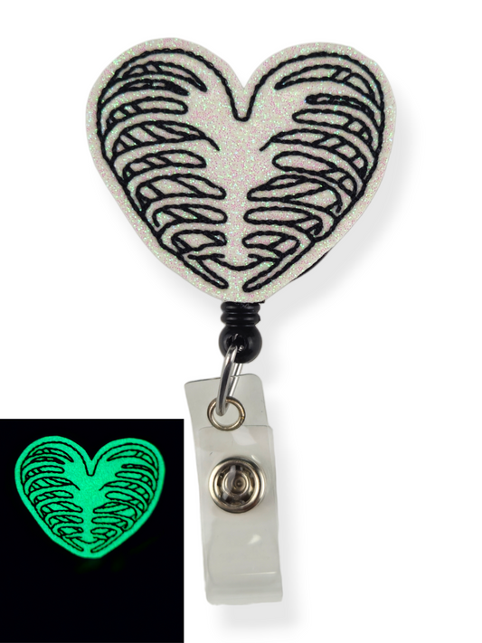 Glow in the Dark Skelly Heart Ribs Badge Pal